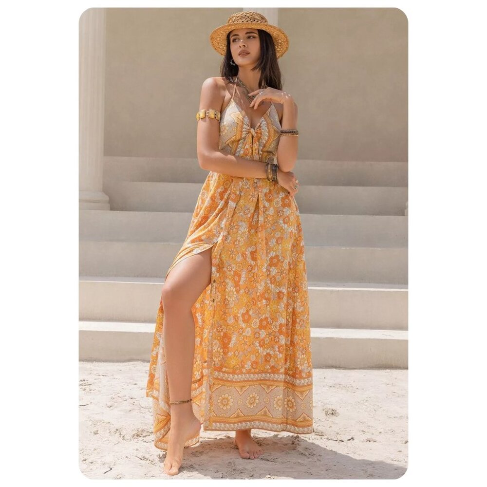 RusttyDustty Floral Tie-Front Halter Button Maxi Dress